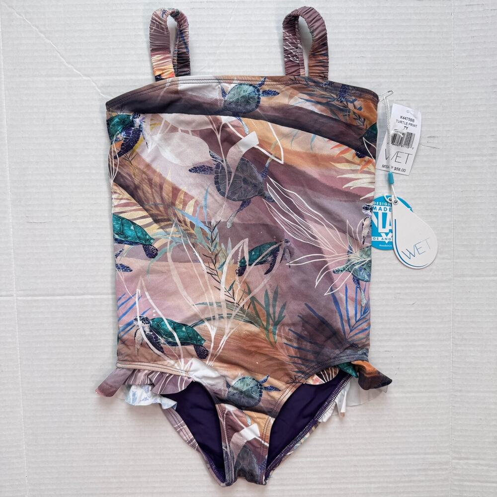 Sea Turtle Swimsuit Kids Girls 7 Youth One Piece Ruffle Wet Swimwear 7Y NEW